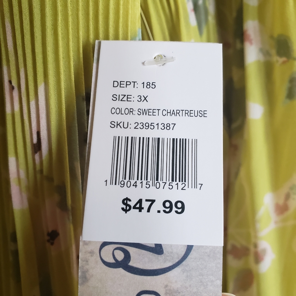 Como Vintage Chartreuse Green Floral Print Pleated Bubble Sleeve Tunic Size 3X - Picture 9 of 10